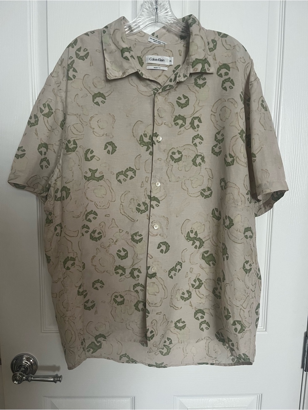 Calvin Klein Beige Short-Sleeve Button-Down with Green Floral Print